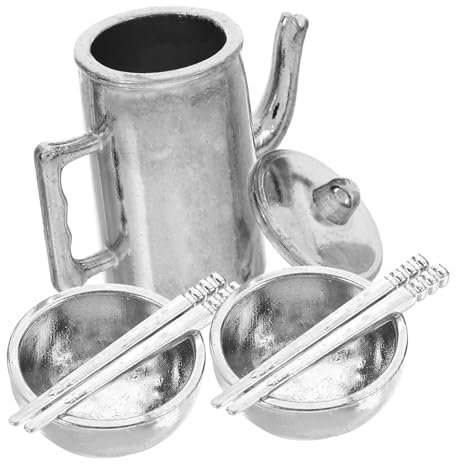 Kisangel Mini Adornos De Vajilla para Casa De Muñecas De Tetera Cuencos Palillos y Vajilla De Metal Decoración para Minicasas y Escenario Muñecas