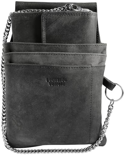 LEONARDO VERRELLI Kellner Geldbörse, aus Leder, Kellnerbörse, Geldbeutel, Taxi, Damen Herren Portemonnaie mit oder ohne Holster, Steck-Tasche, mit Kette und großem Münzfach in schwarz (Schwarz)
