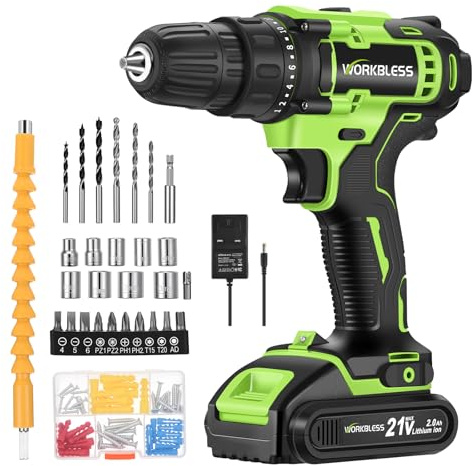 WorkBless WORKBLESS 21V Power Drill Set, Cordless Drill with Battery and Charger, 3/8'' Keyless Chuck, Variable Speed, 18+1 Torque Setting, Tool Set with 28pcs Bits(1 Battery)