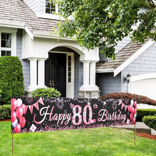 80th Birthday Decorations for Women Men,80th Birthday Banner with Ribbon,Happy 80 Years Birthdays Banner Sign,80 Years Old Bday Poster Decor for Outdoor Indoor(Rose Gold,118x19.7Inch)