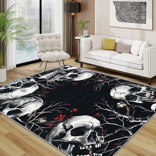 TerroVee Totenkopf Teppich 140x200 cm, Gothic Horror Teppich Wohnzimmer, Goth Kurzflor rutschfest Pflegeleicht Teppiche Für Jugendzimmer Schlafzimmer, Rot Schwarz
