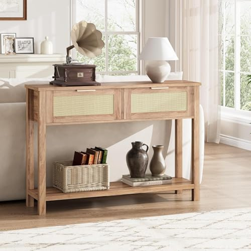 Salutmeuble Meuble Entree Couloir, Console Meuble avec 2 Tiroir, 110X 30x78CM,Table Bois en Rotin avec Unique en Forme de X sur Les Côtés pour l'entrée, Le Salon, Le Couloir (Chêne Caramel)