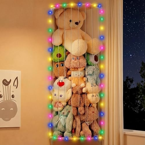 SUNMON Kuscheltier Aufbewahrung Wandregal mit LED-licht, Stofftier Aufbewahrung Organizer Holz Wandmontiert 1,8 Meter Stauraum Plüschtier Aufbewahrung Netz Platzsparend für Kinderzimmer