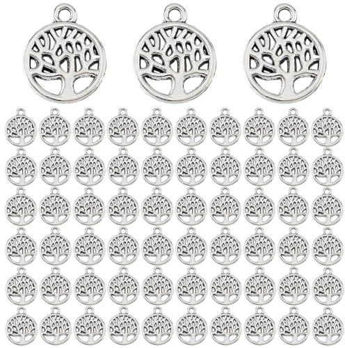 AFCJLTO 60 Stück Charms Anhänger Lebensbaum Retro Antik Mischung für Schmuck Basteln,Kleine Metall Charms zum Armband, für DIY Abschiedsgeschenk, Keschlüsselanhänger, Schmuckanhänger(Silber)