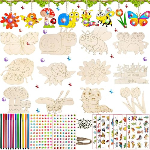284PCS Insekten HolzBasteln, Frühling Holz Bastelset Kinder, Kinder Basteln, Frühlingsaktion mit 24 Holz und anderes Zubehör, Holztiere Basteln Kinder für 4-12 Jahren, Kindergeburtstag Basteln