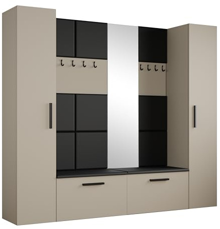 Masseno Flugarderoben Set MODULO, Kleiderschrank-Set mit Spiegel und Sitzbank, Garderobenschrank Flur mit 10 Regalböden, Kaschmir Matt