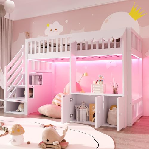 Merax Holz Hochbett 90×200 cm, mit Stauraumschrank, Treppe mit Staufächern, offener Unterbereich, mehrfarbiger LED-Lichtleiste, Lattenrost, Einzelbett, weiß (ohne Matratze)
