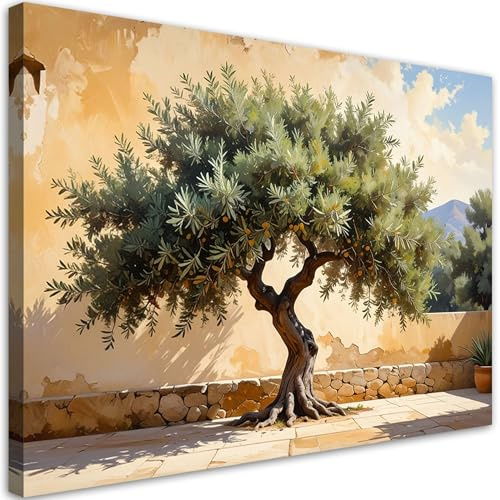Feeby Leinwandbild - Bilder Wohnzimmer - Olivenbaum auf beigem Wandhintergrund - 60x40 1tlg - Deko Schlafzimmer - Wanddekoration - Aesthetic - Groß Moderne Bild - Foto auf Leinwand