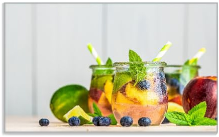 Wallario Frühstücksbrettchen aus Glas, Glasunterlage, Glasbrettchen Erfrischender Eistee mit Pfirsichen und Blaubeeren, Größe 14 x 23 cm, Sicherheitsglas