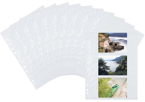 HERMA 7584 Fotohüllen für Ordner, 10 Stück, 9x13 cm quer, 3 Fächer geteilt, beidseitig bestückbare Fotophan Fotosichthüllen Sammelhüllen Postkartenhüllen Prospekthüllen mit Eurolochung, weiß