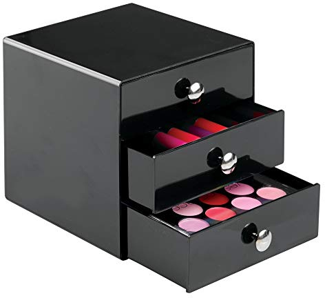 iDesign Drawers Make-Up-Organizer | hochwertige Aufbewahrungsbox für Schminke, Kosmetika & Co. | Schubladenbox mit 3 Schubladen | Kunststoff schwarz, 1 Stück