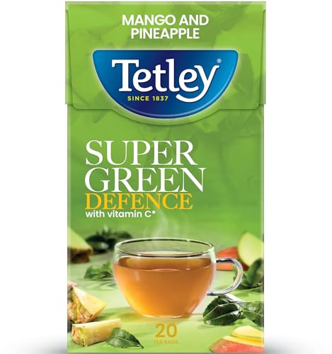 Tetley Defence Super Green Mango & Pineapple Fruit Tea, 20 Tea Bags | Herbal & Fruit Tea, Functional Blend, Britain's Tea, 85+ Years of Tea Heritage, Rainforest Alliance Certified, 20 Bag Box