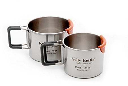 Kelly Kettle Camping Cup Set (350 & 500ml) 2 x Food Grade Stainless Steel | Single Walled | Silicone Coated Foldable Handles | CooLip™ Protects Lips from Burning