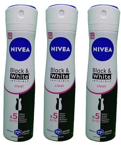 NIVEA Black & White Invisible Clear 72h Anti-Perspirant Spray, 3 x 150ml
