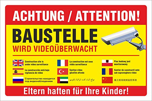 Schild Baustelle Videoüberwachung mehrsprachig 450 x 300 mm | 3 mm Alu-Verbund, wetterfester UV-Direktdruck, robust und langlebig, Made in Germany