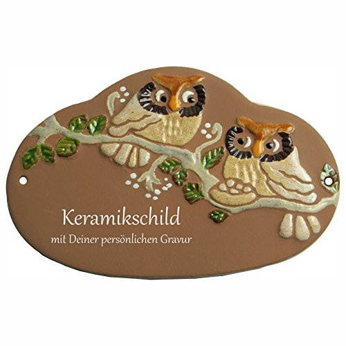 Handarbeit aus Schleswig-Holstein Keramikschild 19,5 x 12,5 cm Motiv Nest und Zwei Eulen auf AST (braun)