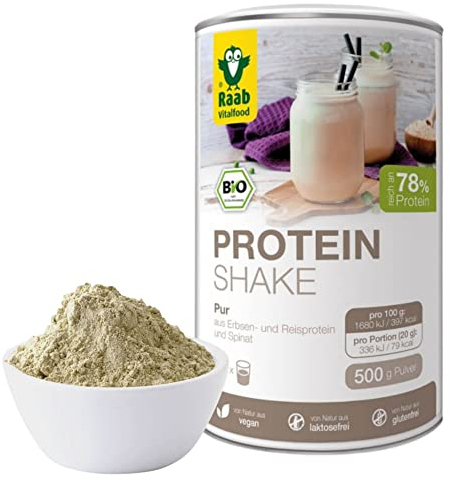 Raab Vitalfood® Bio Protein Shake Pur Pulver (500 g) - Vegan, Pur ohne Zusätze, Proteinpulver mit hohem 78% Eiweißgehalt, Mix aus Erbsen-, Reisprotein und Spinatpulver, ohne Soja, glutenfrei