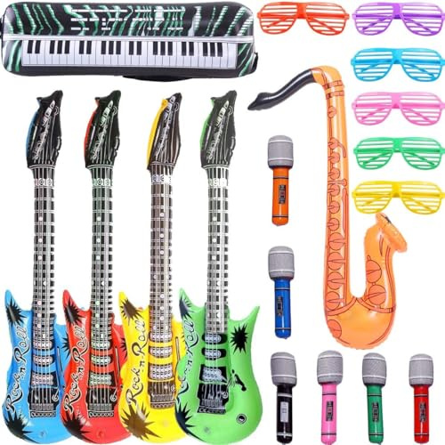 OuMuaMua Inflatable Rock Star Toy Set, 18 Pack Inflatable Party Props - 4 Inflatable Guitar, 6 Microphones, 6 Shutter Shading Glasses, 1 Saxophone and 1 Inflatable Keyboard Piano Inflatable Rock Toys