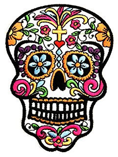 FabStix Sugar Skull Iron on Patch or Sticker Applique for Kids Womens Mens Clothing Jeans Jacket Caps Bags Lapel, Medical Grade and Latex Free
