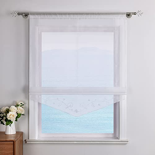 ESLIR Raffrollo mit Schlaufen Raffgardinen Gardinen Küche Transparent Schlaufenrollo Vorhänge Bestickt Modern Voile Weiß BxH 140x140cm 1 Stück