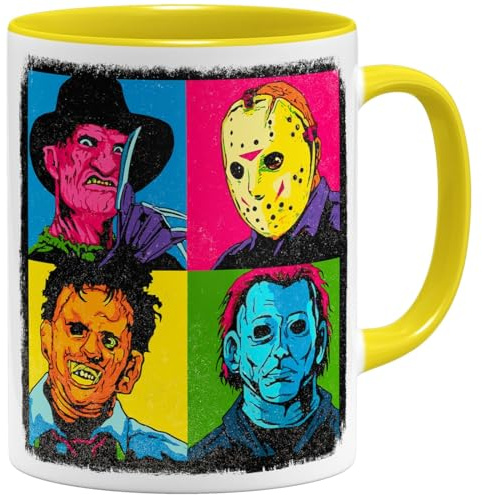 OM3® coole Kaffee-Tasse mit Pop-Art-Horror - Halloween Nightmare Serial Killers | Keramik Becher | 325ml | Beidseitig Bedruckt | Gelb