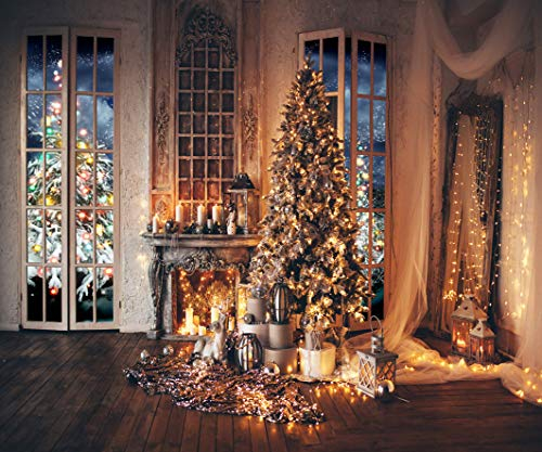 AIIKES 10x8FT Weihnachtsbaum Hintergrund Winter Indoor Fenster Öllampe Kerze Kamin Fotografie Hintergrund Frohes Neues Jahr Party Banner Hintergründe Photo Booth Studio Requisiten 11-771