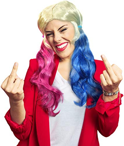 Harley Quinn Perücke Blond mit blauen & pinken Zöpfen - als perfekte Ergänzung für Ihr Kostüm als Harley Quinn