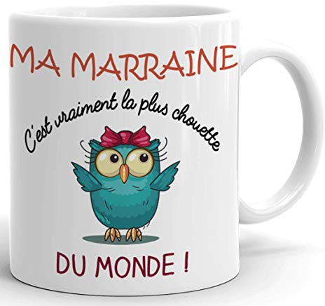 L'Esprit Des Anges - Tasse Mug - Ma Marraine C'est Vraiment La Plus Chouette Du Monde - Idée Cadeau Original Baptême Anniversaire - Céramique Blanche 320 ml - Rond - Avec Anse - Contient 1 Unité
