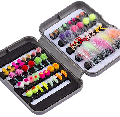 BASSDASH Set di mosche per pesca a mosca, set di mosche, per pesca alla trota con scatola per mosche, 36/64/72/76/80/96 pezzi, mosche secche/bagnate, ninfe, serpentine,