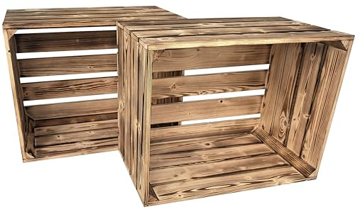 2er Set Holzkiste Groß Aus Holz - massive Weinkisten Vintage 50x40x30cm - Holzbox Für Aufbewahrung, Holzregal - Robuste Obstkisten & Apfelkisten - Deko Kiste Für Küche, Wohnzimmer - Kiste Geflammt
