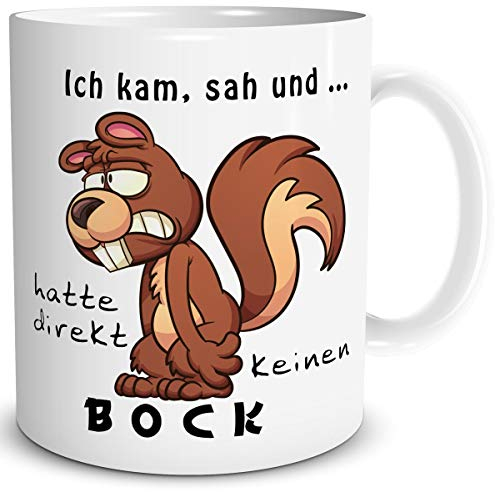 TRIOSK Tasse Eichhörnchen mit Spruch lustig Ich kam sah und hatte direkt keinen Bock Geschenk Spaßtasse für Arbeit Büro Frauen Männer Kollegen Weiß, Keramik 300ml