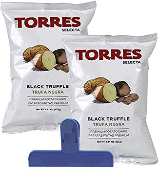 Torres Black Truffle Potato Chips with BAG CLIP, Old-Fashioned Handcrafted Patatas Fritas - Certified Gluten Free - 4.41 ounces (125g) per bag - a Product of Spain (Pack 2)