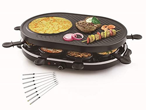 Raclette & Grill Set mit integrierter Crêpefläche, geeignet für 8 Personen inklusive 8 Teppan Gabeln, starke 1200 Watt