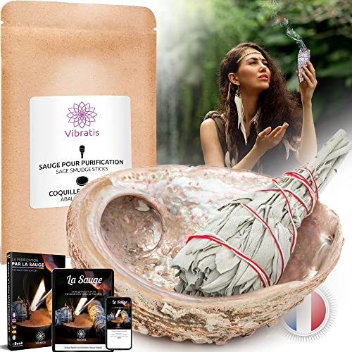 Sauge Blanche De Purification 1 Bâtonnet d'Encens de Sauge À Brûler + Coquille d'Ormeau + E-Book - Élimine Les Énergies Négatives