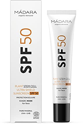 MADARA Organic Skincare | Sonnencreme Gesicht 50 Ultra-Shield Sonnenschutz mit Pflanzenstammzellen und Zinkoxid, Tinted Sunscreen Face SPF 50, Natürlicher UVA/UVB-Schutz.