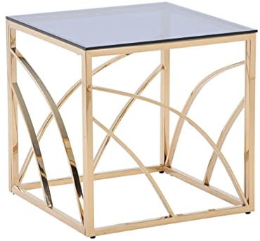 JaHECOME Couchtisch Beistelltisch Sofatisch für Wohnzimmer, Schlafzimmer Küche Café und Bar, moderner Kaffeetisch mit Edelstahl Gestell und grauem durchsichtigem Hartglas (quadratisch golden)