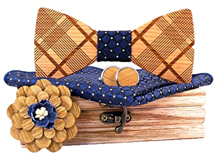 HZQIFEI Nœud Papillon Bois, Noeud Papillon en Bois avec Carré de Poche et Broche et Boutons de Manchette pour Cadeau, Réception, Mariage (Style#01)