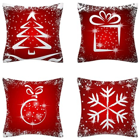 AMZQJD 4 Stück Kissenbezug Baumwolle Dekokissen Kissenbezüge Sofakissen Dekorativ Kissenhülle Bezug Weich für Wohnzimmer Schlafzimmer (Rot Weihnachten, 45 x 45 cm)