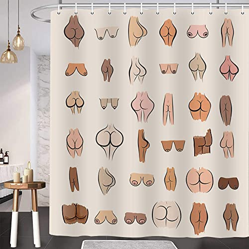 Lustiger Po-Duschvorhang, lustiger Hintern sexy lustige Brüste Stoff Duschvorhänge Set, weiß WC Kunst Dekor Zubehör wasserdicht mit Haken 91,4 x 183,3 cm