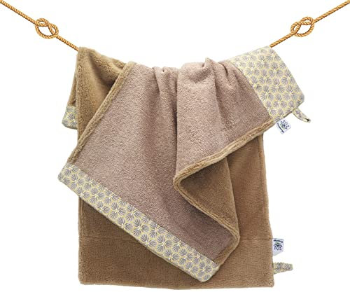 Serviette essuie main ou visage 30x50 cm original et stylé en éponge de bambou premium ultra douce et absorbante confectionné en France avec des matières durables (Kikko Beige)