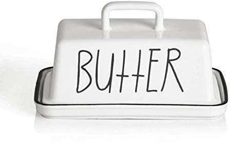 Sweejar Home Ceramic Butter Dish with Handle Lid, 18 cm Porcelain Large Butter Keeper with Cover, Perfect for East/West Butter (White)
