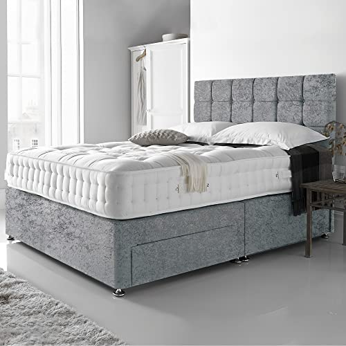 DBZ BEDS Reinforced Super King Bed Set 6 FT with 2000 Series Mattress - Silver Crushed Velvet Divan Beds Set with Various Storage Options – 26 Inch Headboard with Chrome Glider Feet (Super King Size)