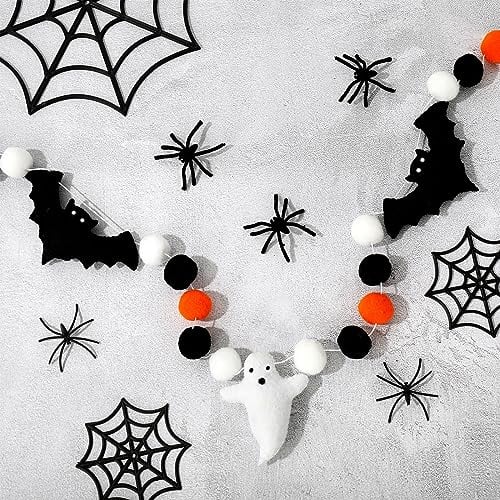 AnyDesign 2,5 m Halloween-Girlande, Filz-Girlande, niedliche 3D-Geister, Fledermäuse, hängendes Banner, Orange, Weiß, Schwarz, Pompom-Ball-Girlande für Halloween, Partyzubehör, Kamin, Wand,