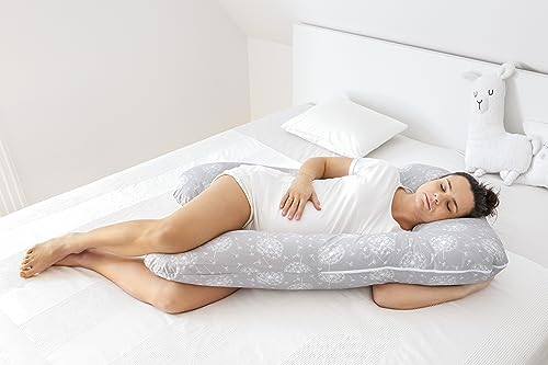 LOOLAY Kingsize Schwangerschaftskissen Seitenschläferkissen Stillkissen Typ U Typ A 330 cm XXXL Lagerungskissen Relaxkissen Ink.Bezug (Pustelblume Grau)