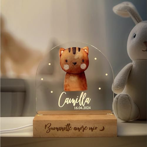 Pixel® Lampada personalizzata con nome luce notturna per bambini bambina neonato con animali Idea regalo nascita bimbo bimba battesimo compleanno Regalo Natale per neonati Personalizzato (Gatto)