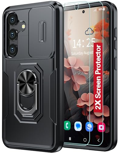 AMILIFECASES For Samsung Galaxy S24 Case,[Built-in Slide Camera Cover & Rotatable Kickstand][2* Screen Protectors] Military Grade Shockproof Anti-Scratch Samsung S24 5G Case - Black