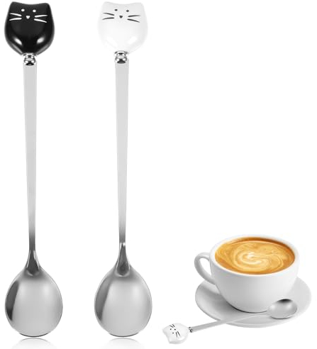 WUISOLQP Stainless Steel Cat Spoon Set - 2 Pcs Long Handle Hanging Cup Teaspoon Latte Spoon for Ice Cream, Dessert, Cake, Milk & Stirring