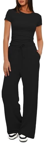 Darong Zweiteiliges Damen-Outfits, Lounge-Set, gerüscht, kurzärmelig, Tops und hohe Taille, weites Bein, Trainingsanzug-Sets, Schwarz, Small