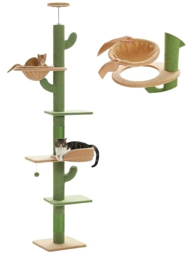 PAWZ Road Kaktus-Katzenbaum vom Boden bis zur Decke, 5 geräumige Plattformen, Katzenturm mit 10,5 cm dicken Kratzstämmen, austauschbare Hängematte und baumelnde Bälle für Indoor-Katzen, verstellbare