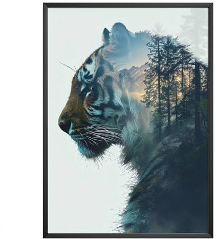 MJ-GRAPHICS - Poster mit Tiger - Bild mit Naturlandschaft 2 in 1 - Wandbild Din A2 in Galerie Qualität mit extra dickem 300g Posterpapier - Wald in Tiger - FineArt Kunstdruck ohne Bilderrahmen